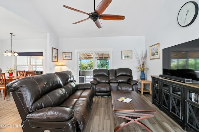 1 Broadland Cir, Bluffton, SC 29910 - living area featuring ceiling fan, a chandelier, wood finished floors, and vaulted ceiling