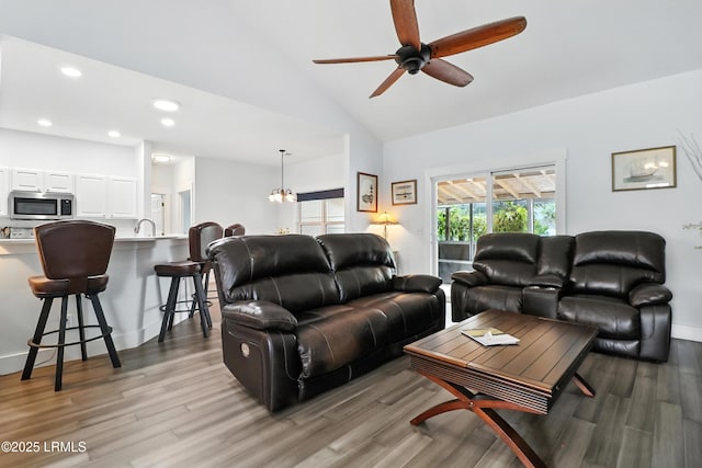 1 Broadland Cir, Bluffton, SC 29910 - living room with light wood-style floors, ceiling fan, recessed lighting, and high vaulted ceiling