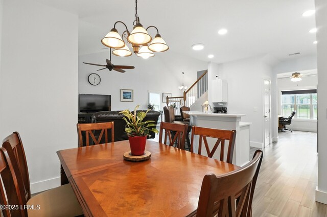 1 Broadland Cir, Bluffton, SC 29910 - dining space with a ceiling fan, light wood-style floors, recessed lighting, stairway, and a chandelier