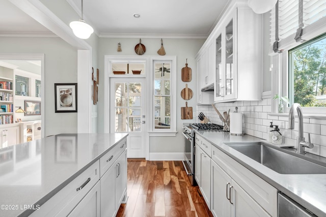 kitchen with glass insert cabinets, white cabinetry, appliances with stainless steel finishes, and a sink