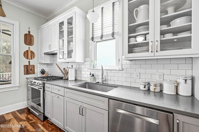 kitchen featuring white cabinets, glass insert cabinets, ornamental molding, stainless steel appliances, and a sink