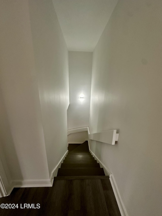 staircase with hardwood / wood-style floors