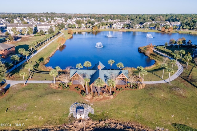 bird's eye view with a water view