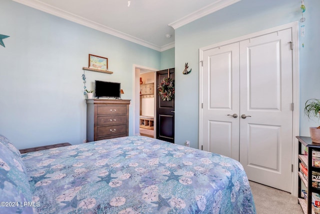 carpeted bedroom featuring crown molding and a closet