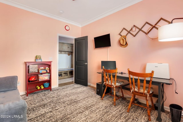 carpeted office space with crown molding