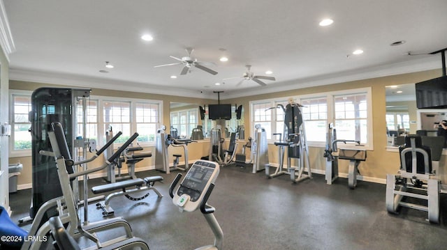 exercise room featuring ornamental molding