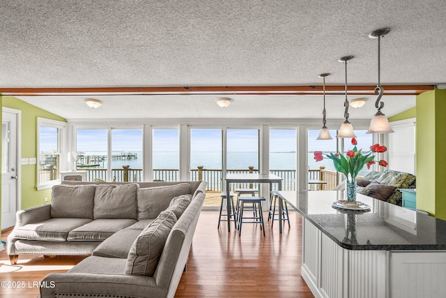 living room with lofted ceiling, wood-type flooring, a textured ceiling, and a water view