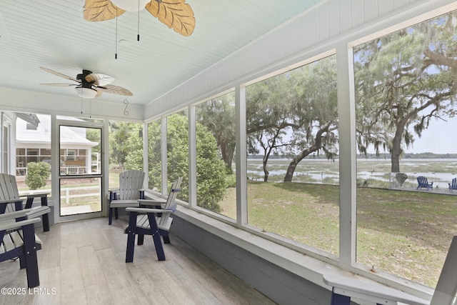 1413 Pigeon Point Rd, Beaufort, SC 29902 - sunroom featuring a water view and ceiling fan