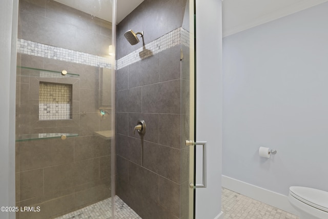 1413 Pigeon Point Rd, Beaufort, SC 29902 - bathroom featuring a shower stall, toilet, tile patterned floors, baseboards, and ornamental molding