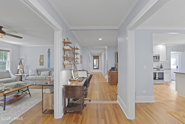 1413 Pigeon Point Rd, Beaufort, SC 29902 - living area featuring ceiling fan, light wood-type flooring, crown molding, and baseboards