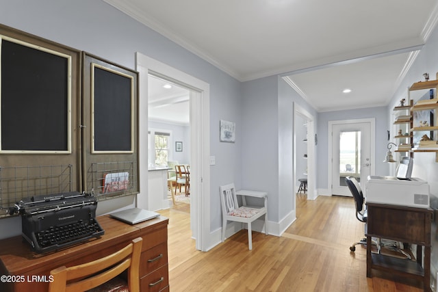 1413 Pigeon Point Rd, Beaufort, SC 29902 - home office featuring light wood-type flooring, ornamental molding, baseboards, and recessed lighting