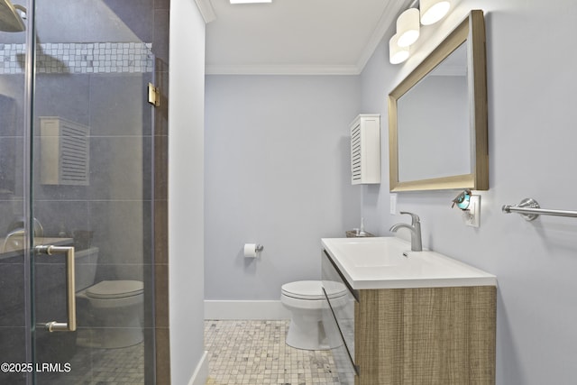 1413 Pigeon Point Rd, Beaufort, SC 29902 - bathroom with toilet, ornamental molding, tile patterned floors, a shower stall, and vanity