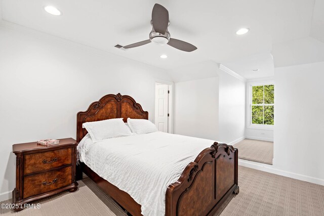 104 Barnaby Blf, Seabrook, SC 29940 - bedroom with recessed lighting, light colored carpet, a ceiling fan, and ornamental molding