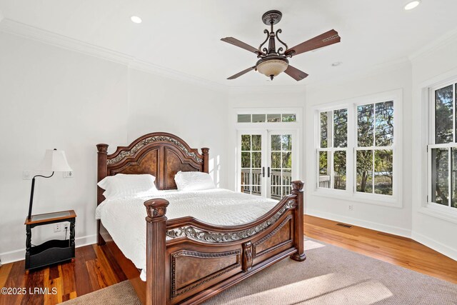 104 Barnaby Blf, Seabrook, SC 29940 - bedroom with crown molding, wood finished floors, recessed lighting, access to outside, and a ceiling fan