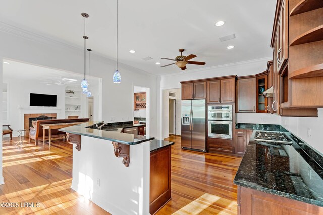 104 Barnaby Blf, Seabrook, SC 29940 - kitchen with ceiling fan, stainless steel appliances, crown molding, a fireplace, and light wood finished floors