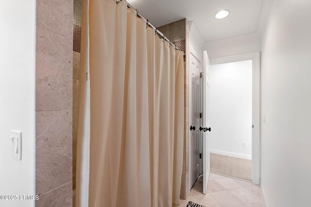 104 Barnaby Blf, Seabrook, SC 29940 - full bathroom featuring ornamental molding, tile patterned flooring, recessed lighting, and a shower with curtain