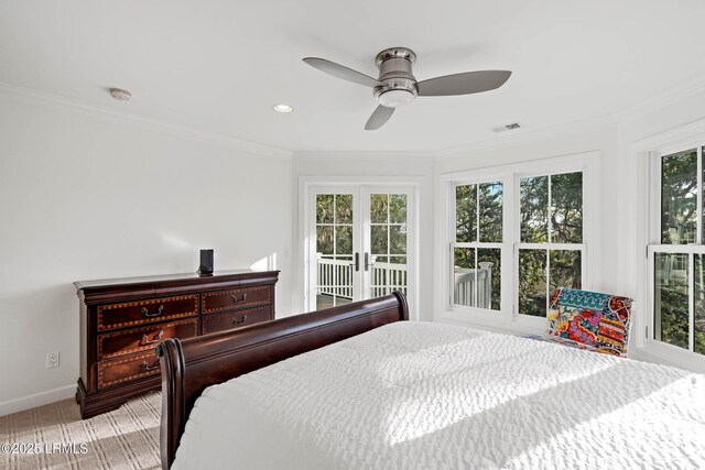 104 Barnaby Blf, Seabrook, SC 29940 - bedroom featuring access to outside, ornamental molding, recessed lighting, light carpet, and a ceiling fan