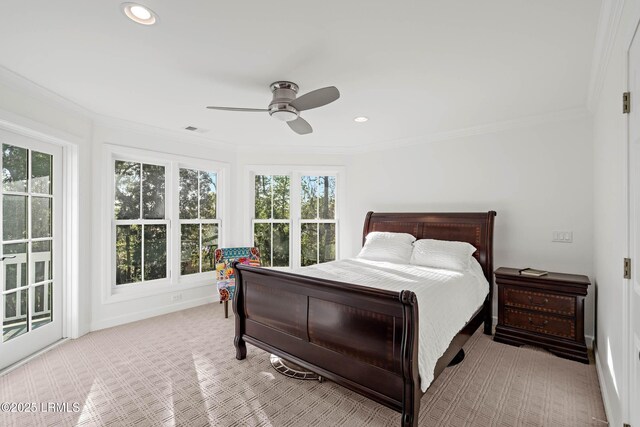 104 Barnaby Blf, Seabrook, SC 29940 - bedroom with crown molding, recessed lighting, ceiling fan, and light carpet