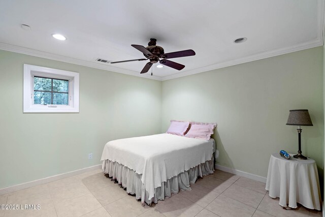104 Barnaby Blf, Seabrook, SC 29940 - bedroom with ornamental molding, light tile patterned floors, recessed lighting, and a ceiling fan