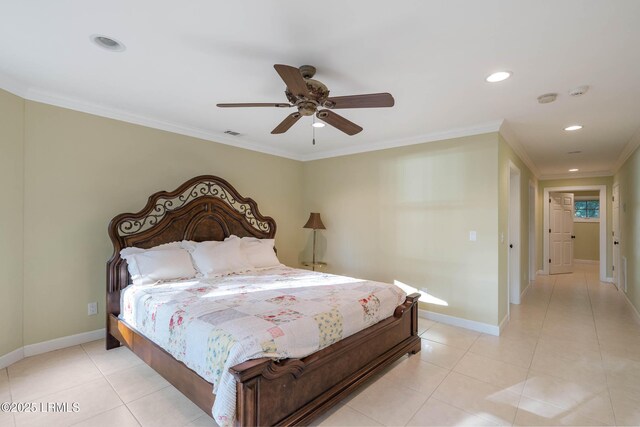 104 Barnaby Blf, Seabrook, SC 29940 - bedroom featuring recessed lighting, crown molding, light tile patterned floors, and a ceiling fan