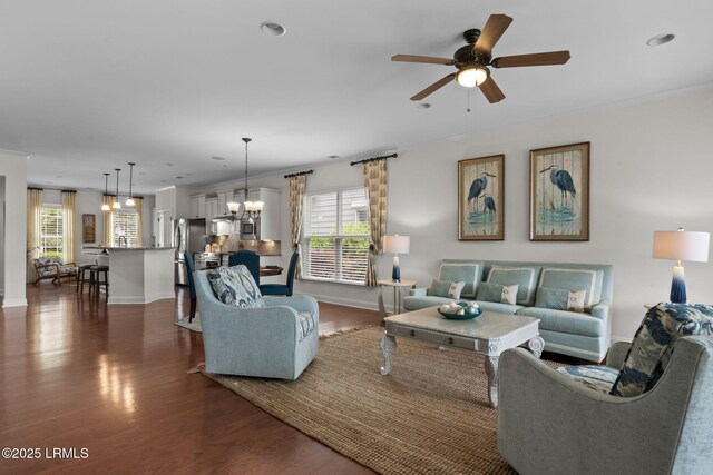 149 Kings Creek Dr, Bluffton, SC 29909 - living area with a ceiling fan, plenty of natural light, dark wood-style floors, a chandelier, and recessed lighting