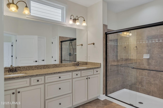 149 Kings Creek Dr, Bluffton, SC 29909 - bathroom featuring a stall shower, double vanity, and tile patterned flooring