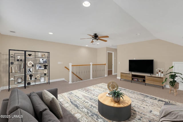 149 Kings Creek Dr, Bluffton, SC 29909 - living room featuring carpet flooring, ceiling fan, baseboards, recessed lighting, and lofted ceiling