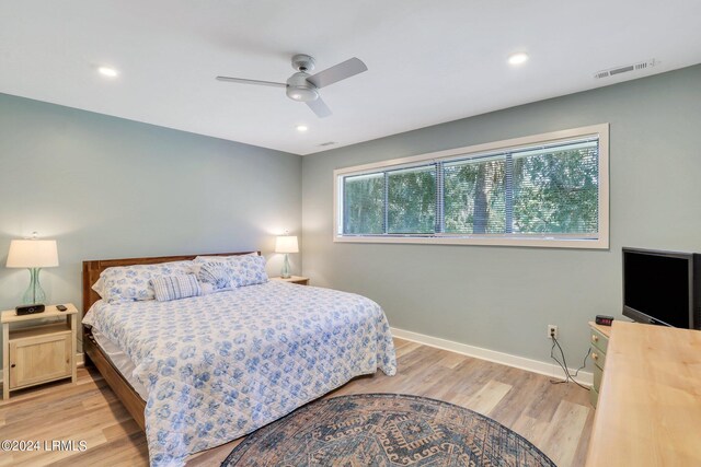 bedroom featuring ceiling fan and light hardwood / wood-style flooring