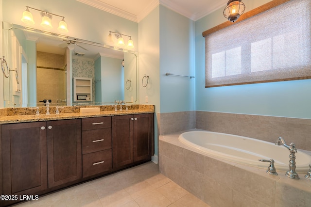 full bathroom featuring a garden tub, double vanity, ornamental molding, a stall shower, and tile patterned floors