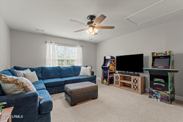 114 Danner Dr, Bluffton, SC 29909 - carpeted living room featuring attic access, a ceiling fan, and baseboards