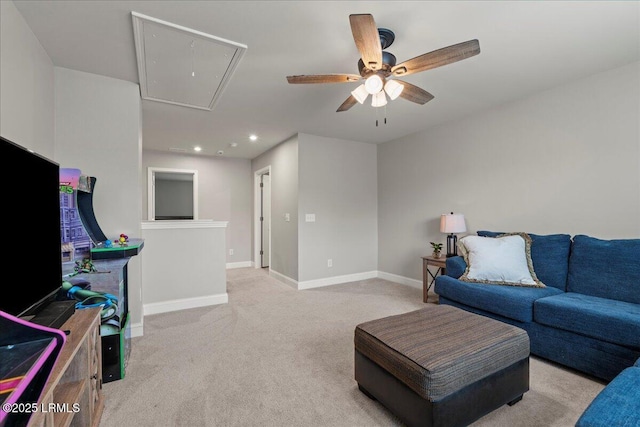 114 Danner Dr, Bluffton, SC 29909 - living room featuring attic access, light colored carpet, a ceiling fan, baseboards, and recessed lighting