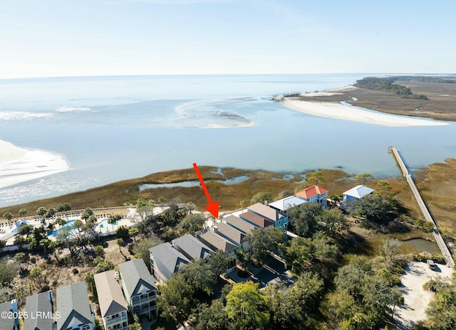 aerial view featuring a water view and a view of the beach