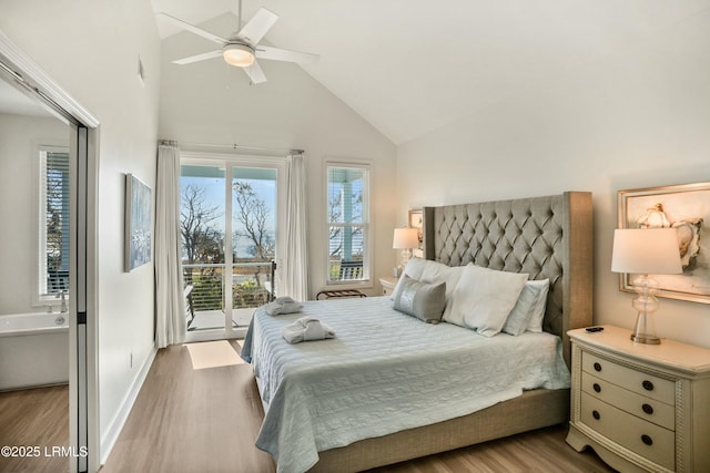bedroom featuring access to exterior, high vaulted ceiling, ceiling fan, and light wood-type flooring
