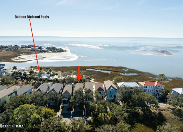 drone / aerial view with a water view