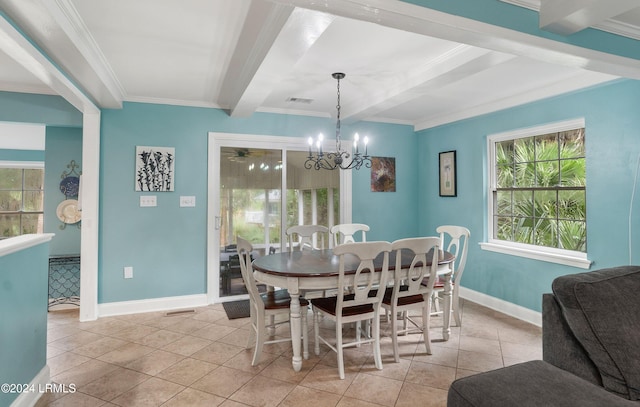 dining space with beamed ceiling, crown molding, light tile patterned flooring, and a notable chandelier