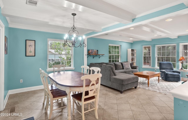 dining room with light tile patterned floors, beam ceiling, ornamental molding, and a chandelier