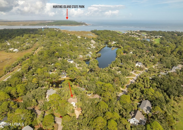 bird's eye view with a water view