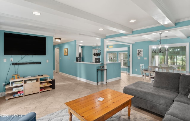 tiled living room with beamed ceiling, ornamental molding, and a notable chandelier