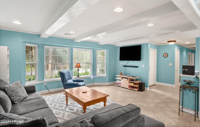 living room with light tile patterned floors, crown molding, and beamed ceiling