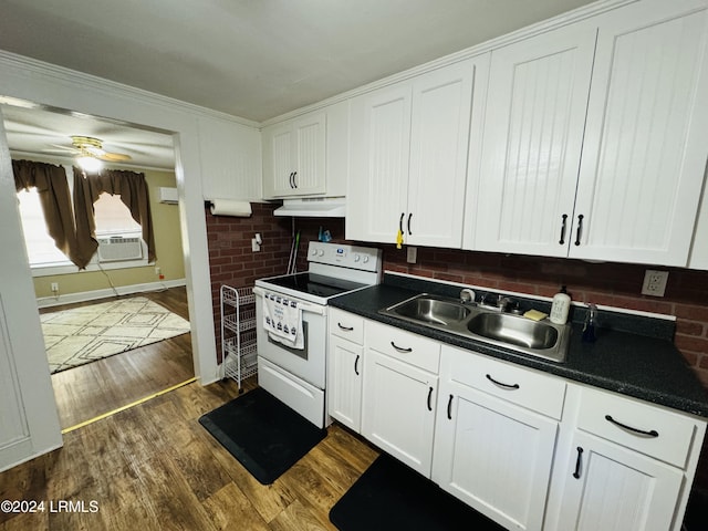 kitchen with white cabinetry, sink, dark hardwood / wood-style flooring, ceiling fan, and electric stove