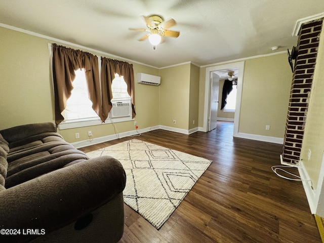 living room featuring crown molding, dark hardwood / wood-style flooring, a wall unit AC, cooling unit, and ceiling fan