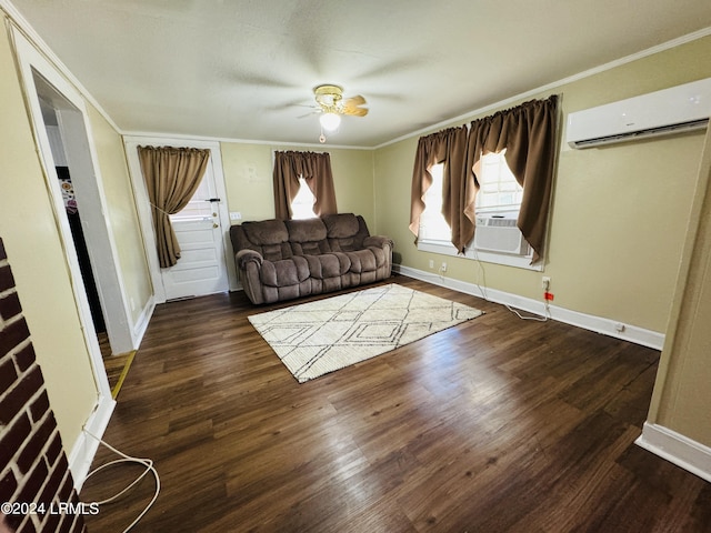 unfurnished living room featuring dark hardwood / wood-style flooring, a wall mounted air conditioner, crown molding, and ceiling fan