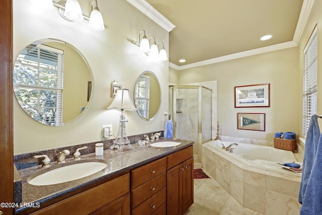 bathroom with crown molding, vanity, and separate shower and tub