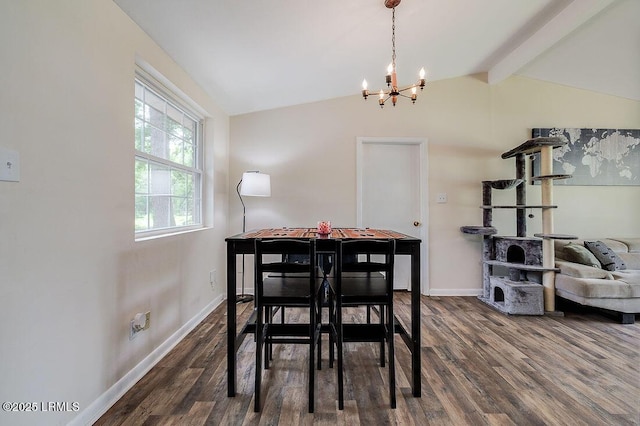 dining room featuring a chandelier, dark wood-type flooring, and baseboards
