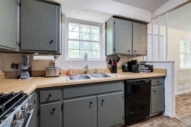 kitchen featuring black dishwasher, a sink, stainless steel gas stove, wood finished floors, and gray cabinets