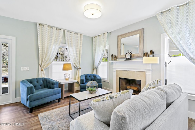 39 Barrington Ave, Bluffton, SC 29910 - living room featuring baseboards, a fireplace, and wood finished floors