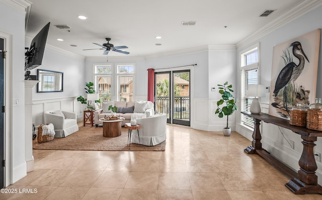 54 Battery Creek Club Dr, Beaufort, SC 29902 - living area featuring visible vents, crown molding, and a ceiling fan