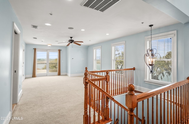 54 Battery Creek Club Dr, Beaufort, SC 29902 - corridor featuring visible vents, an upstairs landing, light carpet, recessed lighting, and baseboards