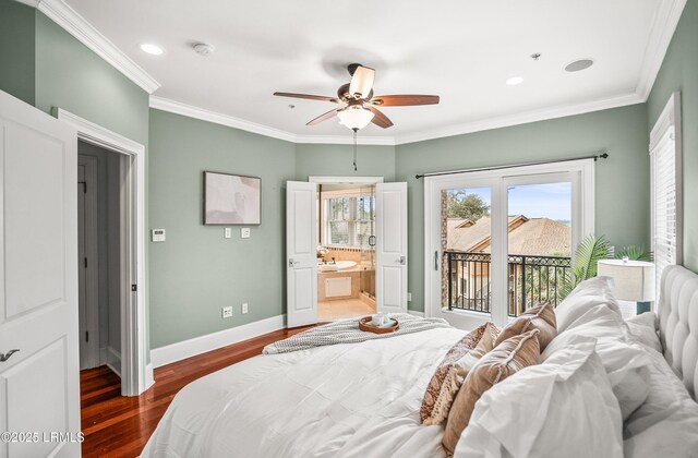 54 Battery Creek Club Dr, Beaufort, SC 29902 - bedroom featuring baseboards, ornamental molding, access to exterior, dark wood-type flooring, and ensuite bathroom