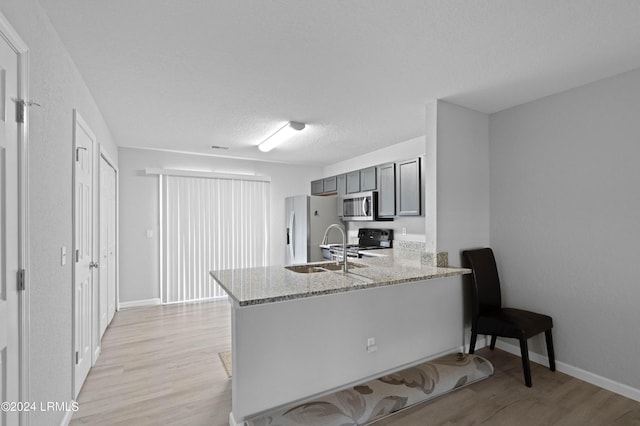 kitchen with sink, light hardwood / wood-style flooring, appliances with stainless steel finishes, light stone countertops, and kitchen peninsula